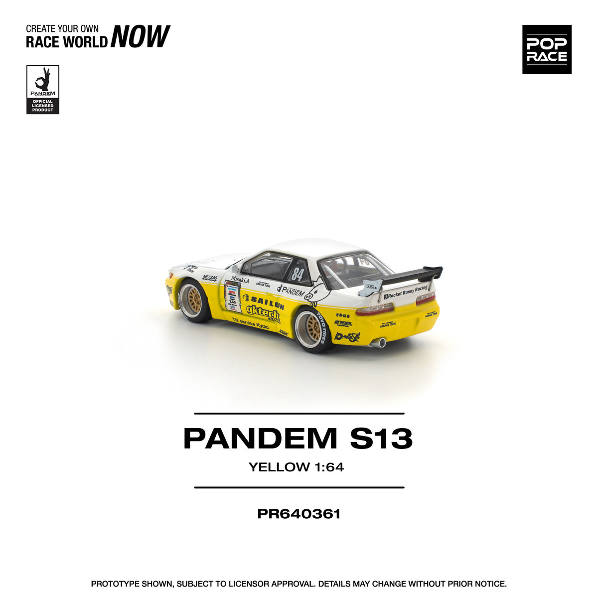 Pop Race 1/64 Nissan Silvia S13 Pandem 2020 D1 Lights Yellow White PR640361 Diecast Scale Model
