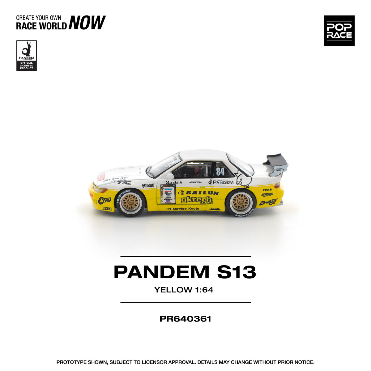 Pop Race 1/64 Nissan Silvia S13 Pandem 2020 D1 Lights Yellow White PR640361 Diecast Scale Model