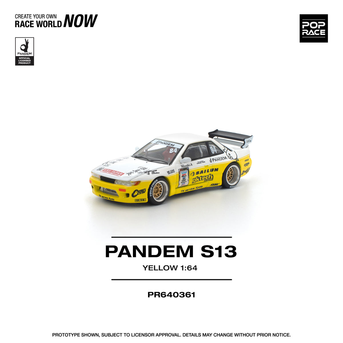 Pop Race 1/64 Nissan Silvia S13 Pandem 2020 D1 Lights Yellow White PR640361 Diecast Scale Model