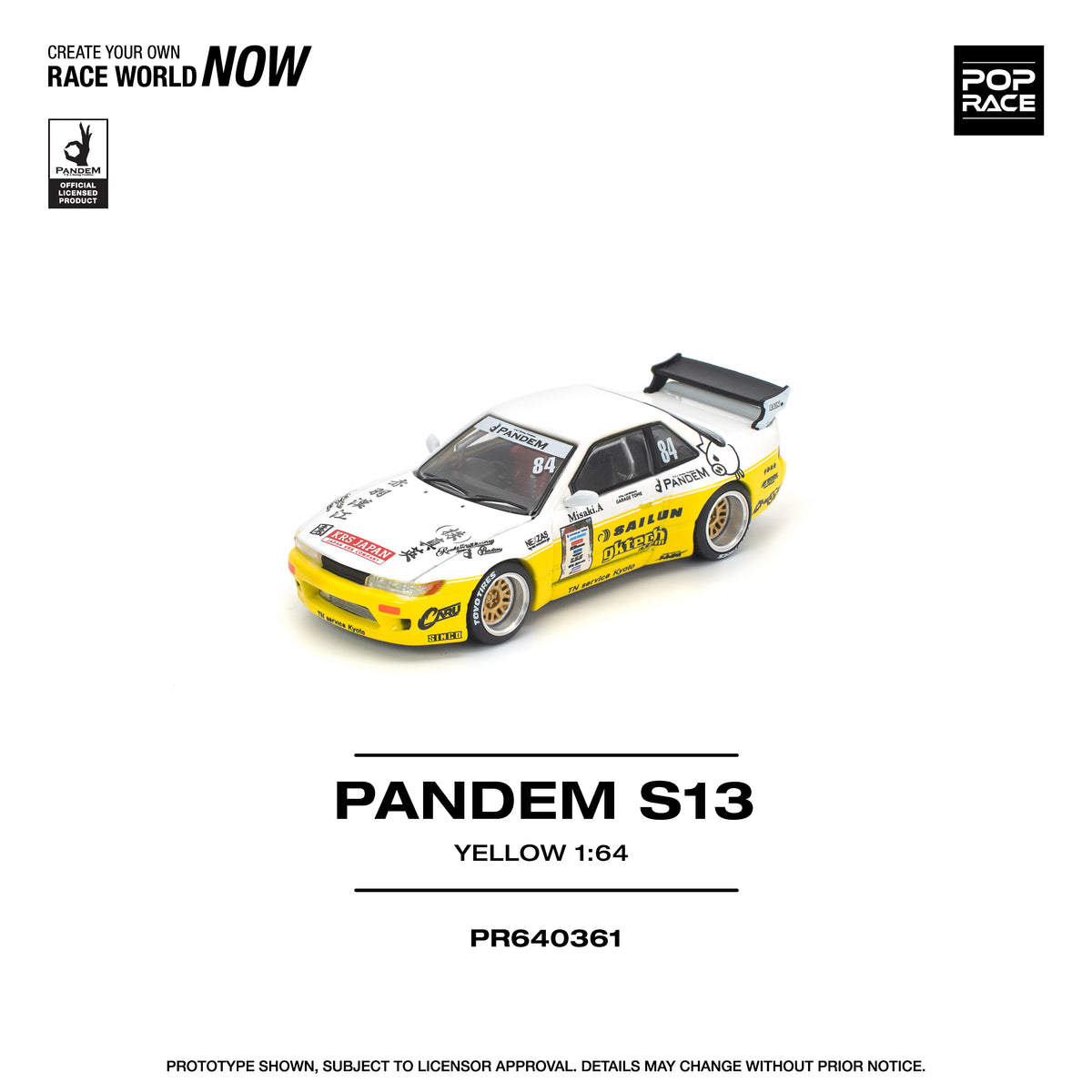 Pop Race 1/64 Nissan Silvia S13 Pandem 2020 D1 Lights Yellow White PR640361 Diecast Scale Model