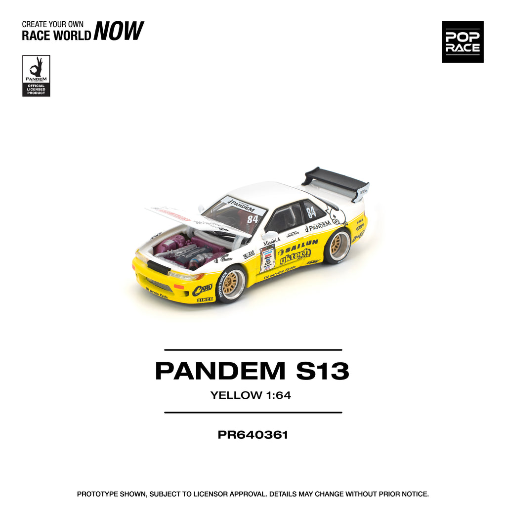 Pop Race 1/64 Nissan Silvia S13 Pandem 2020 D1 Lights Yellow White PR640361 Diecast Scale Model
