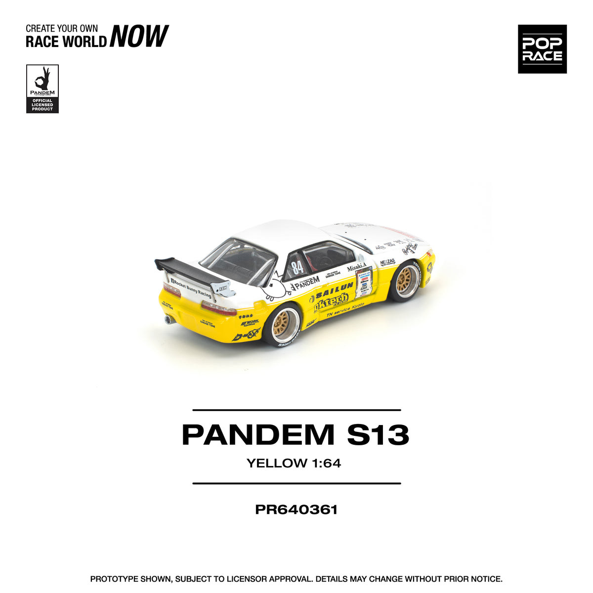 Pop Race 1/64 Nissan Silvia S13 Pandem 2020 D1 Lights Yellow White PR640361 Diecast Scale Model