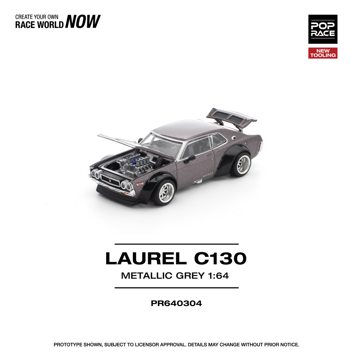 Pop Race 1/64 Laurel C130 Metallic Grey PR640304 Diecast Scale Model