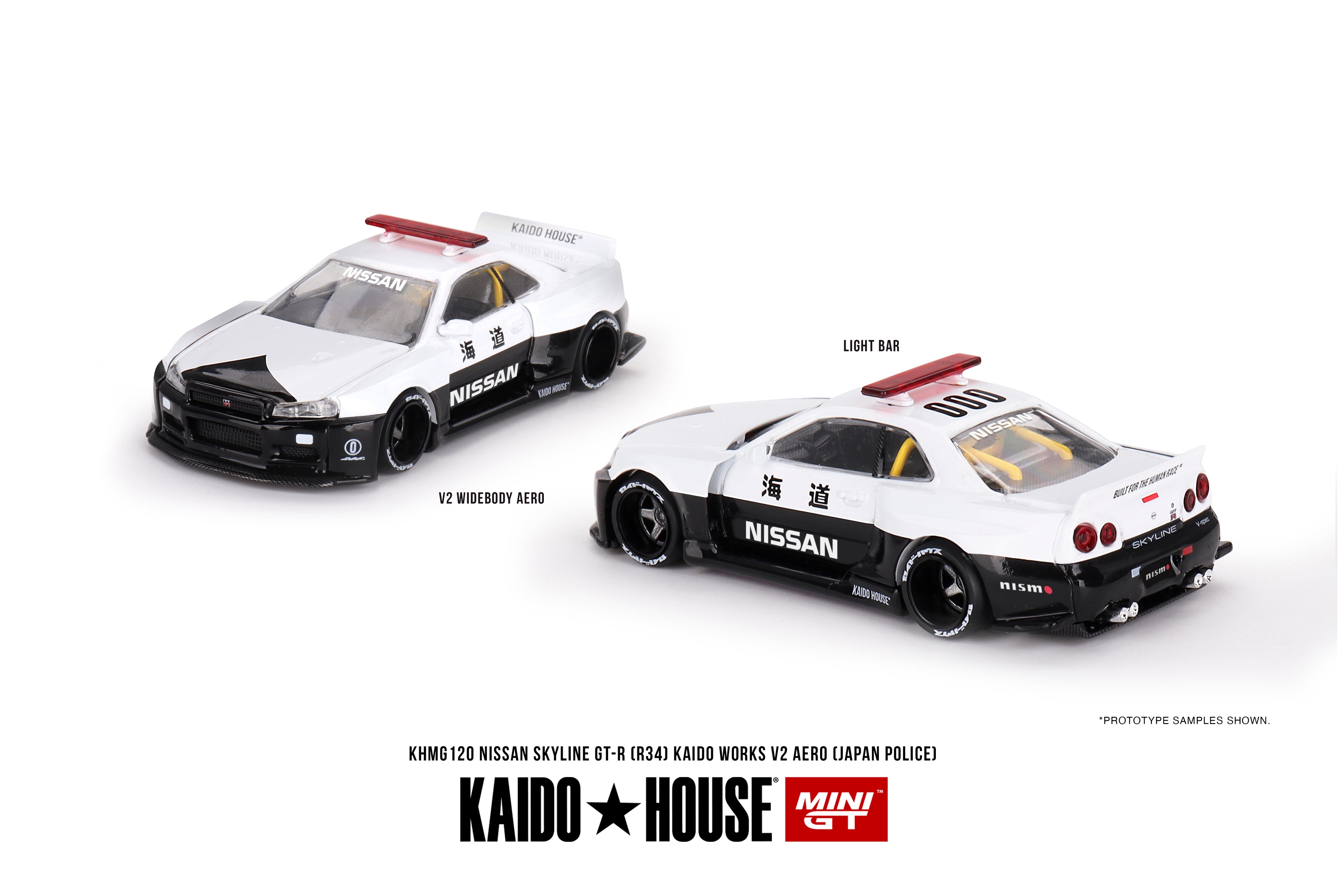 Kaido House x Mini GT 1/64 Nissan Skyline GT-R R34 Kaido Works (V2 Aero) Police KHMG120 Diecast Scale Model