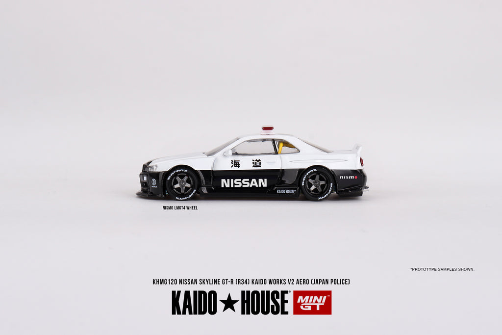Kaido House x Mini GT 1/64 Nissan Skyline GT-R R34 Kaido Works (V2 Aero) Police KHMG120 Diecast Scale Model