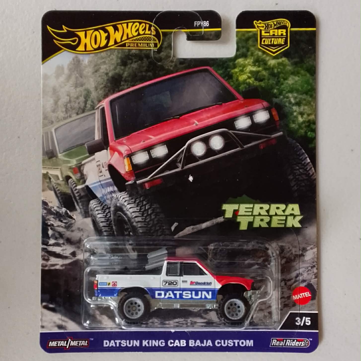 Hot Wheels Premium Datsung King Cab Baja Custom White Red Hood BNYHW02272502 Diecast Scale Model