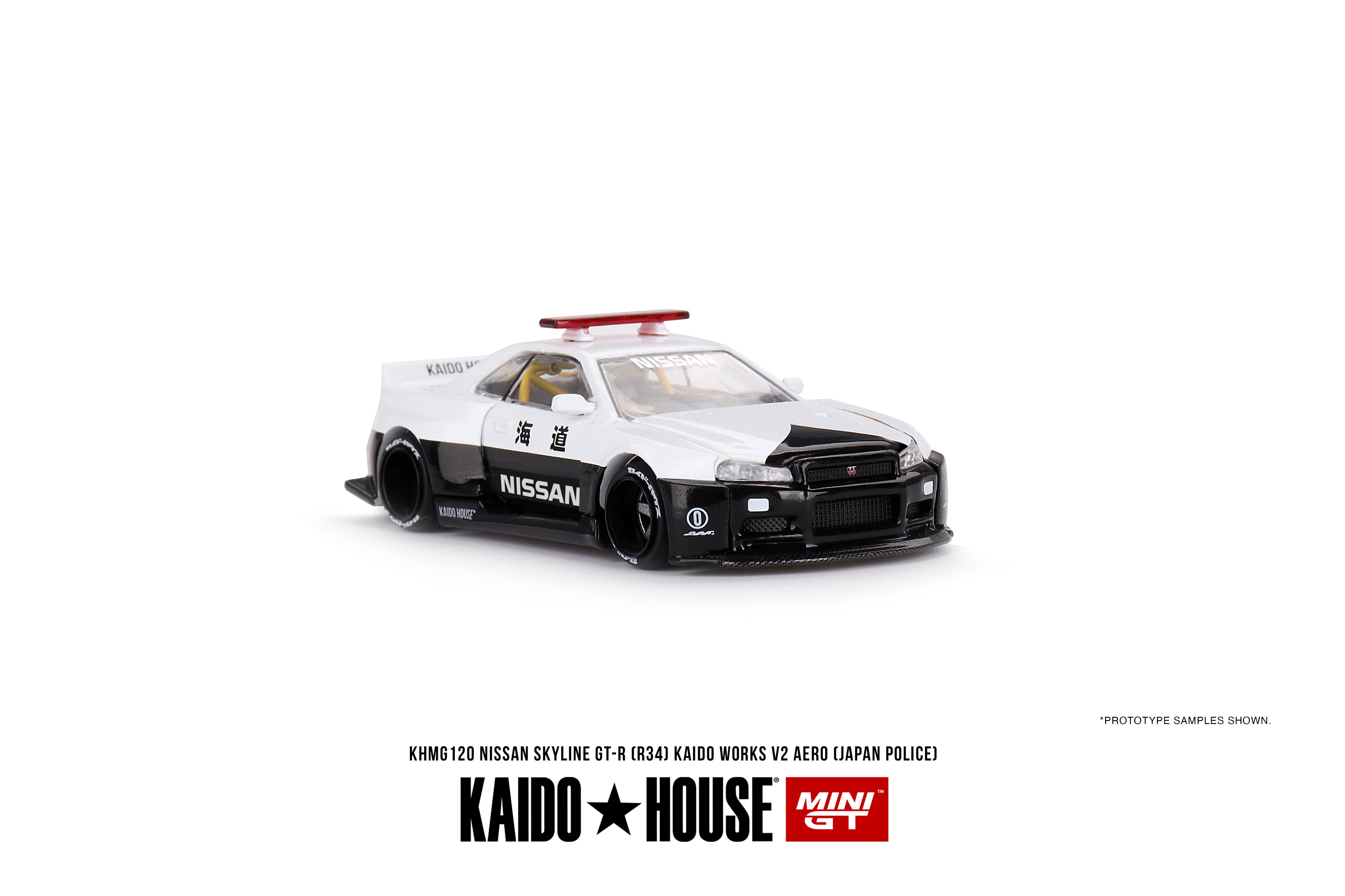 Kaido House x Mini GT 1/64 Nissan Skyline GT-R R34 Kaido Works (V2 Aero) Police KHMG120 Diecast Scale Model