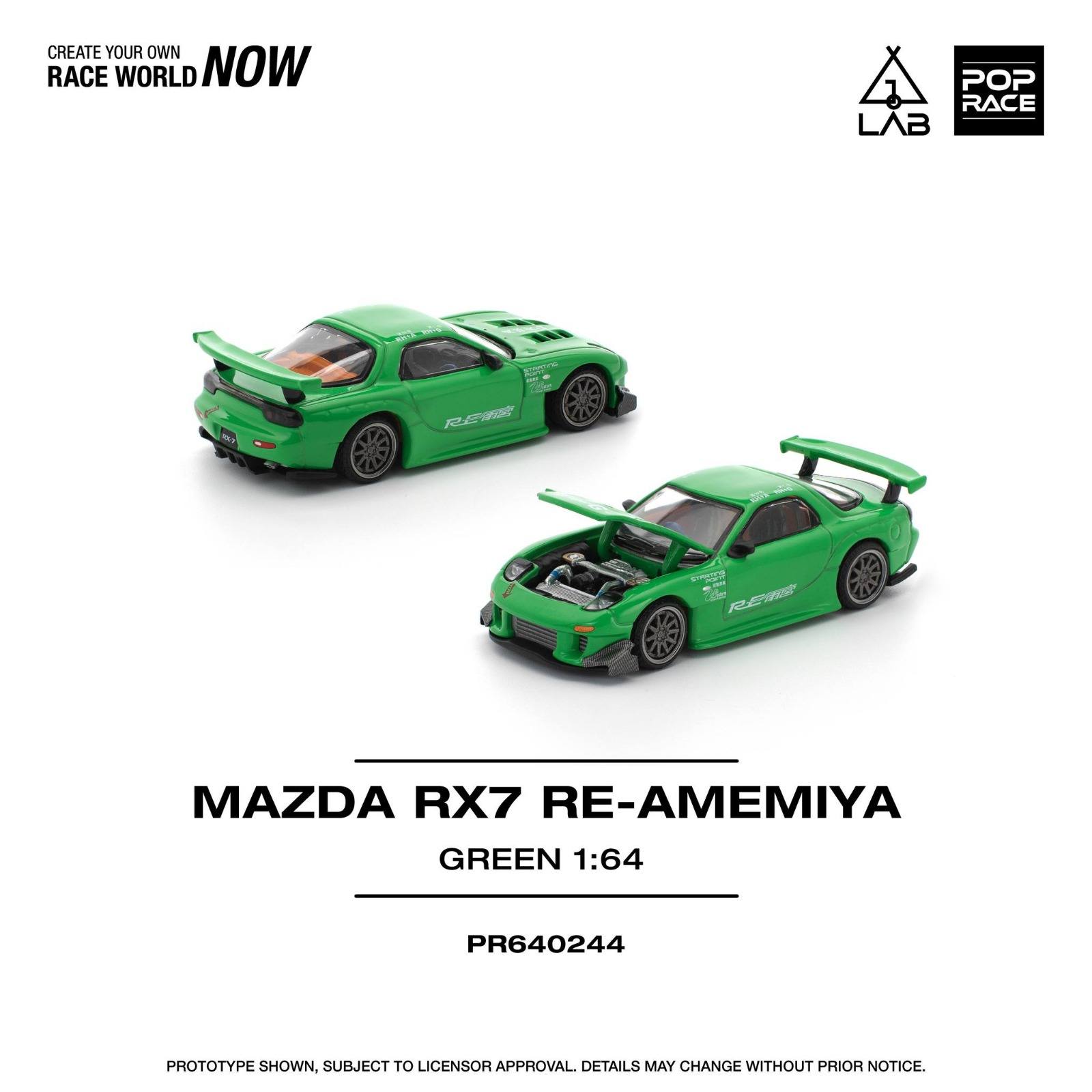 Pop Race 1/64 Mazda RX7 Re-Amemiya Green PR640244 Diecast Scale Model