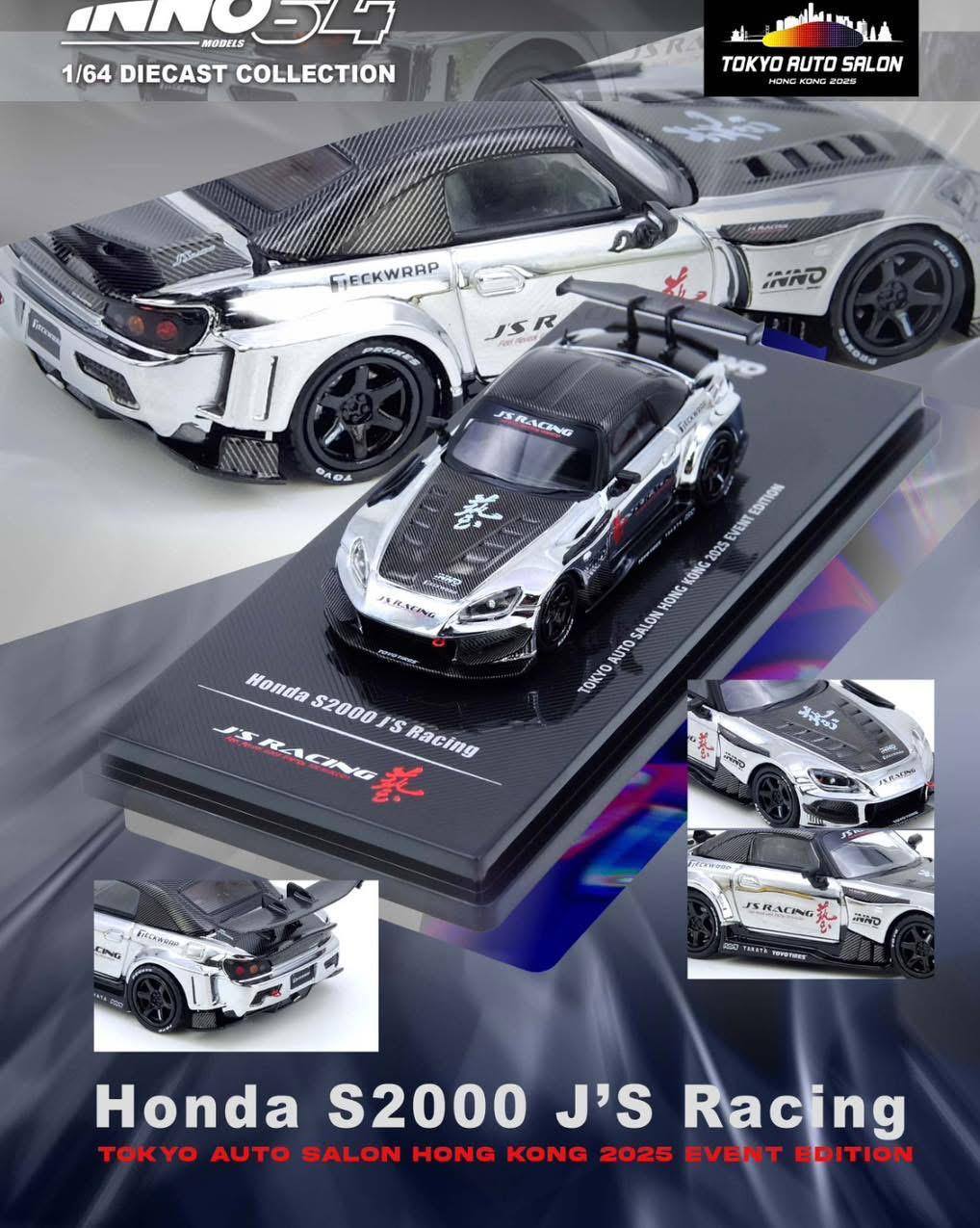 Inno64 1/64  Honda S2000 J'S Racing Chrome Silver TAS-HK Event Exclusive IN64-S2000JS-TASHK25 Diecast Scale Model