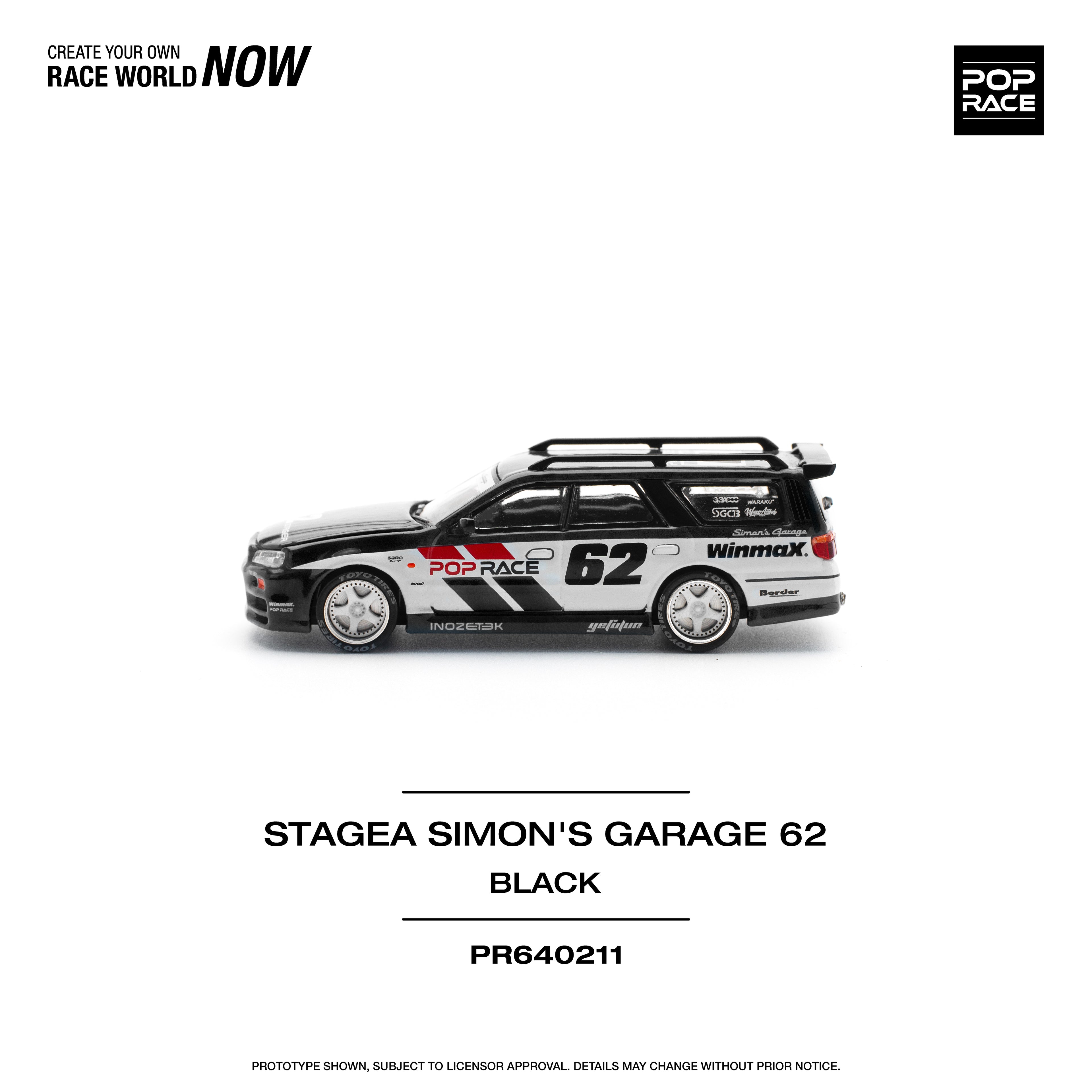 Pop Race 1/64 Nissan Stagea Simon's Garage #62 Black PR640211 Diecast Scale Model
