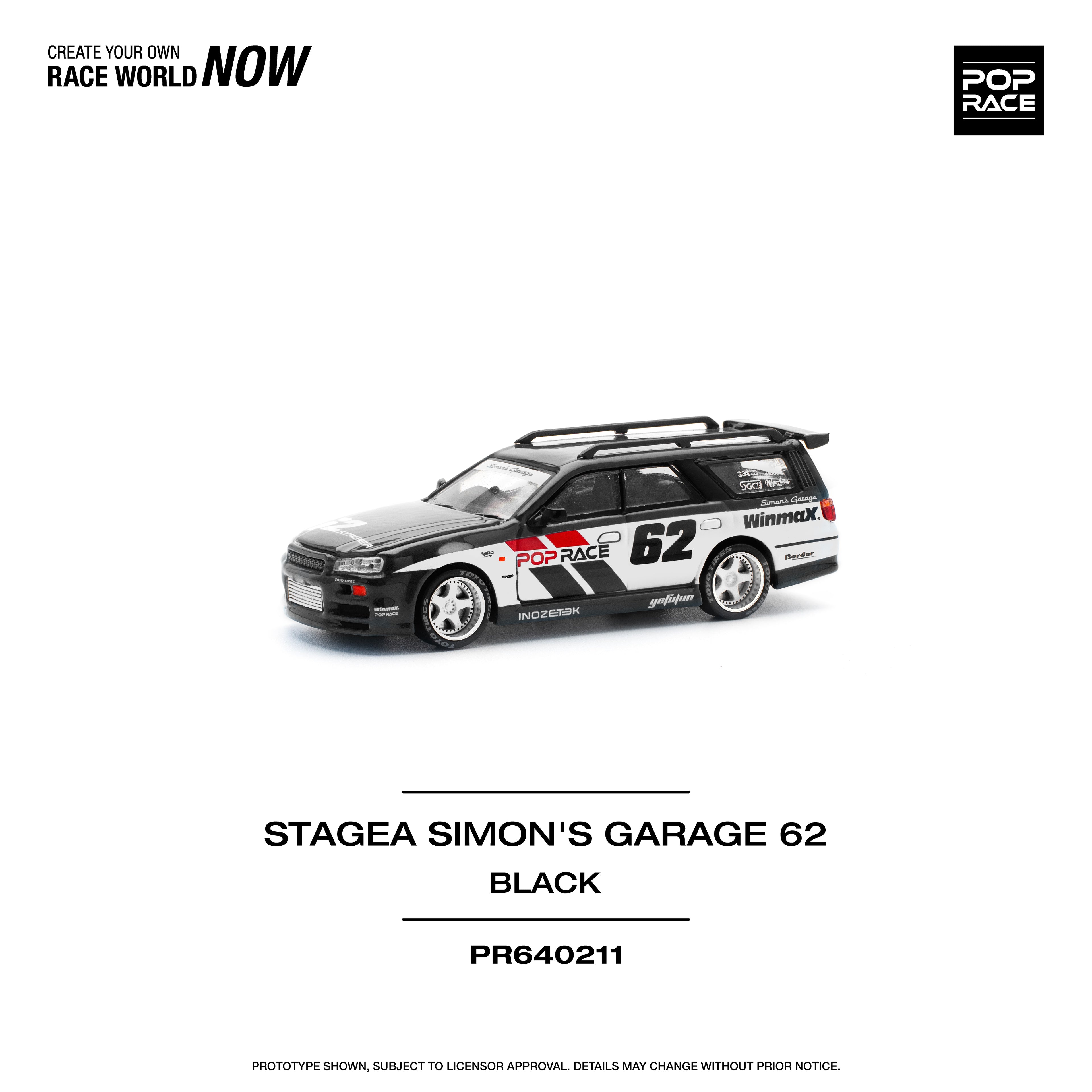 Pop Race 1/64 Nissan Stagea Simon's Garage #62 Black PR640211 Diecast Scale Model