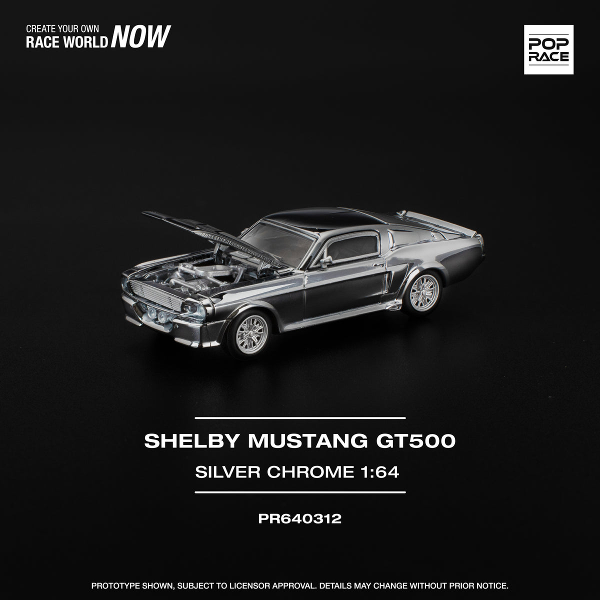 Pop Race 1/64 Shelby Mustang GT500 Silver Chrome PR640312 Diecast Scale Model