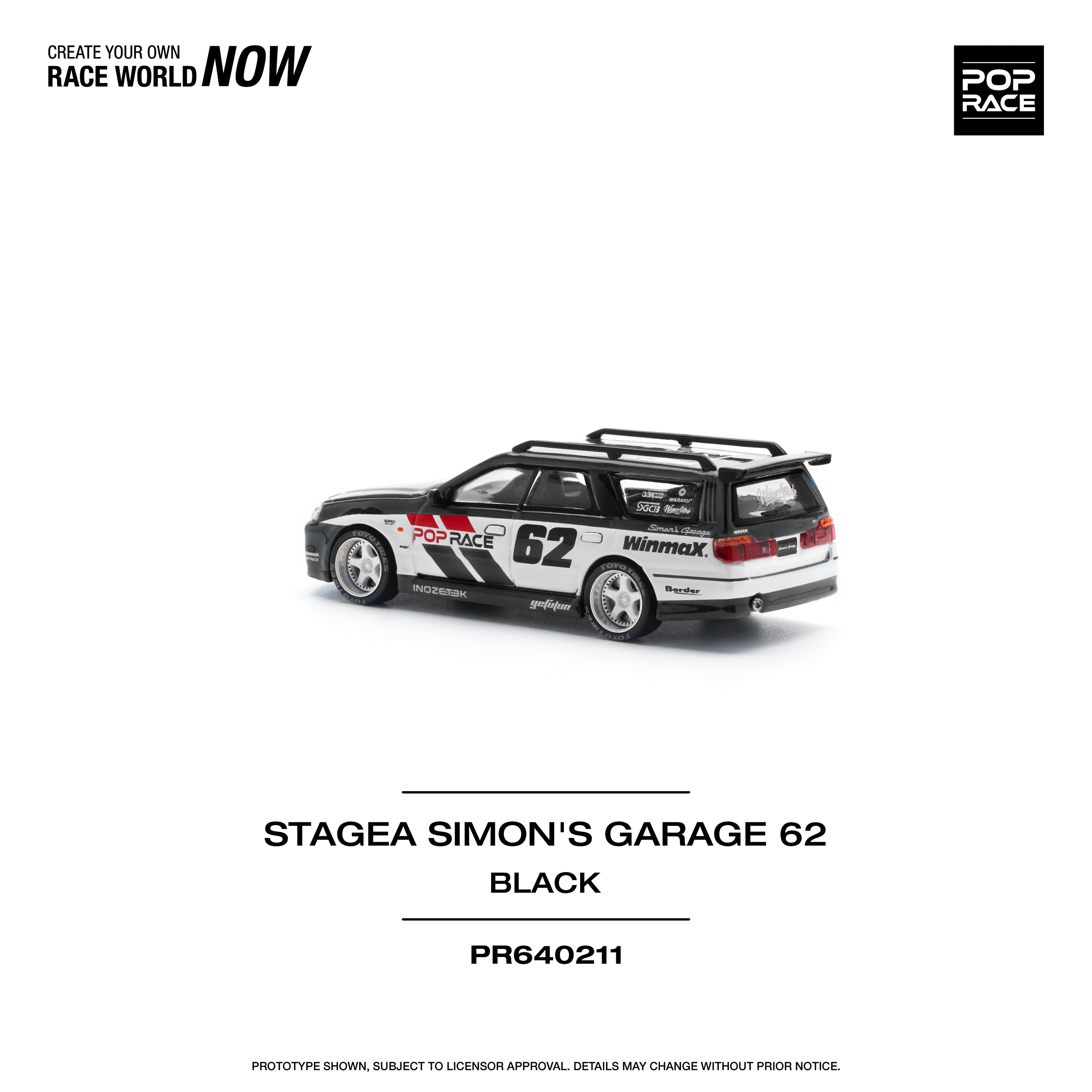 Pop Race 1/64 Nissan Stagea Simon's Garage #62 Black PR640211 Diecast Scale Model