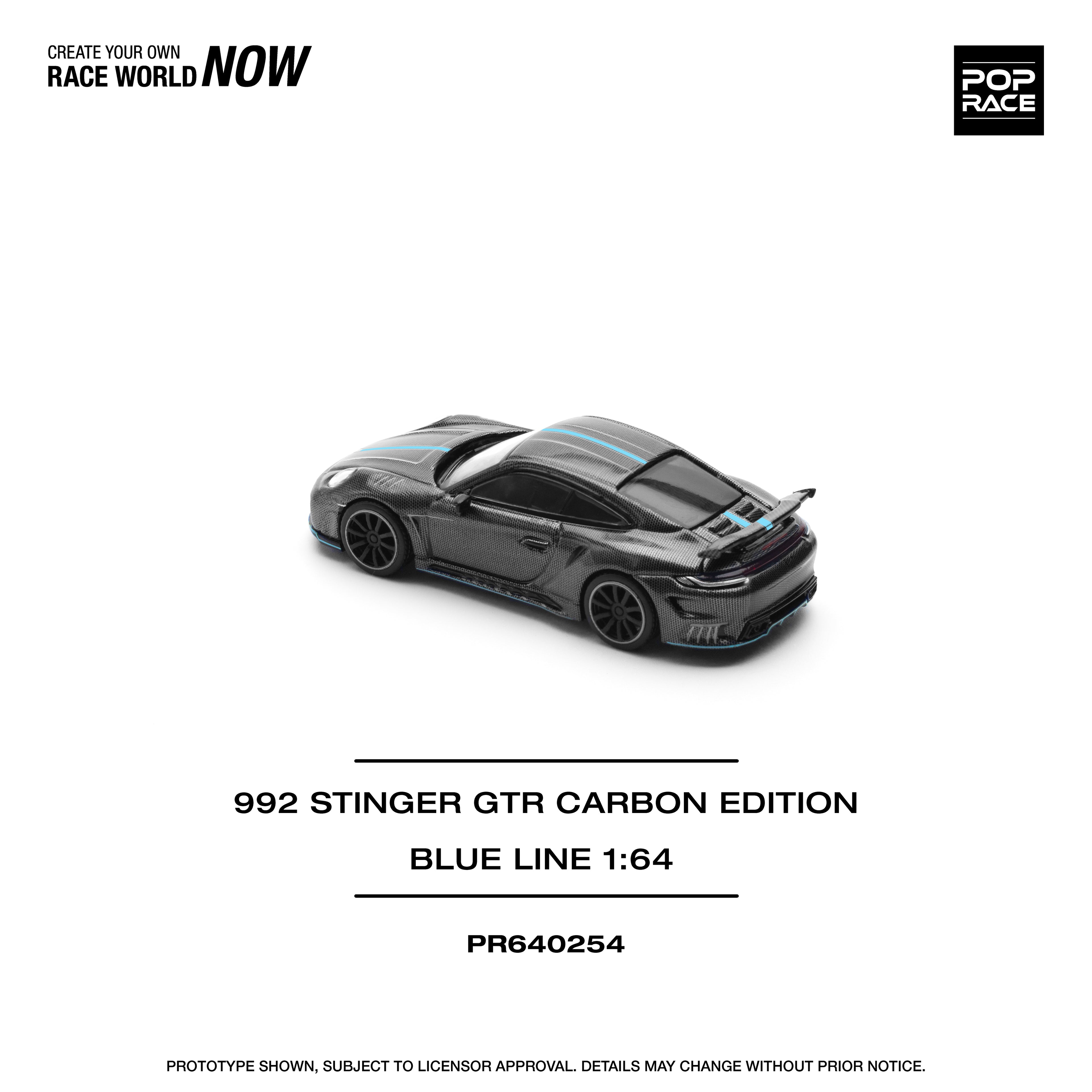 Pop Race 1/64 992 Stinger GTR Carbon Edition Blue Line PR640254 Diecast Scale Model