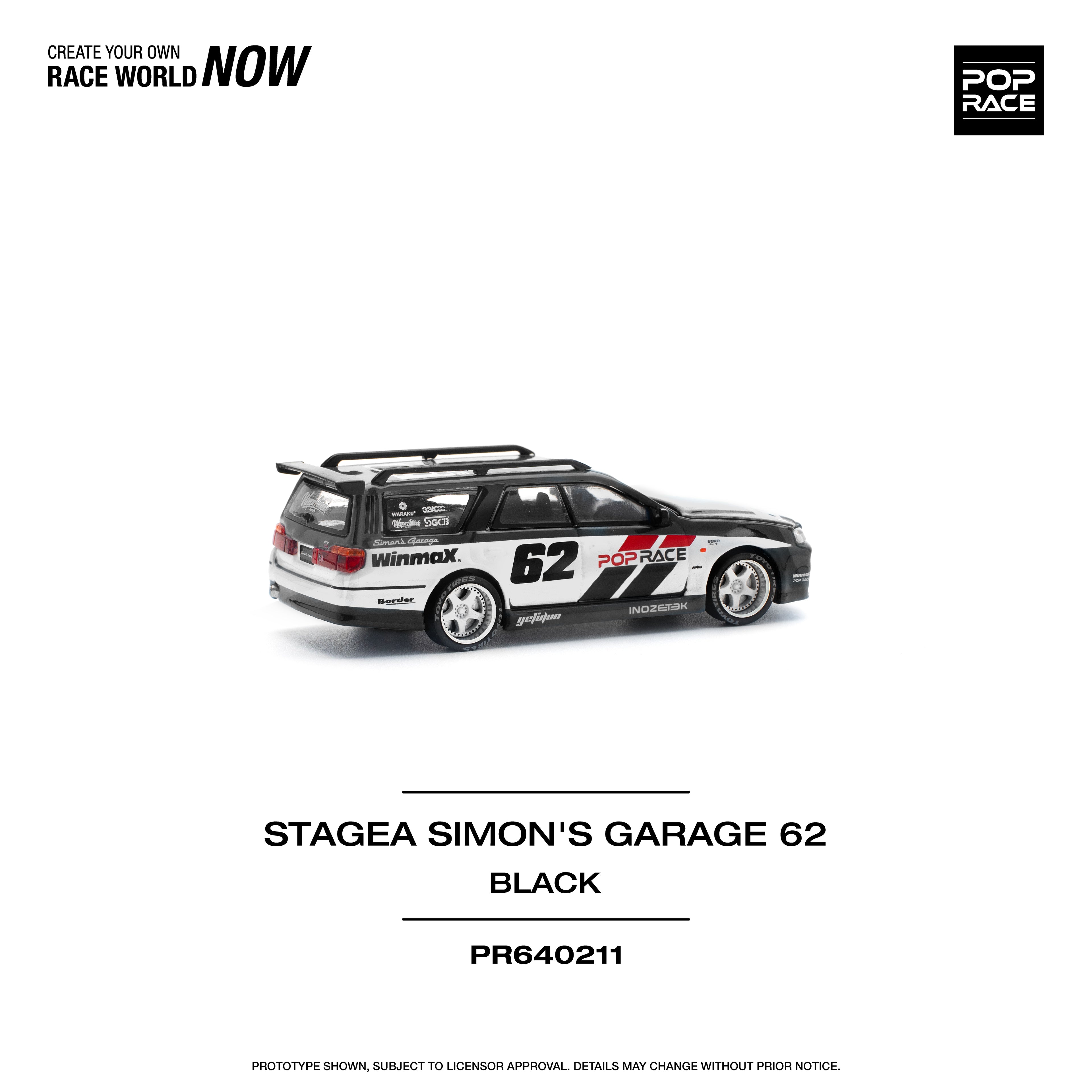 Pop Race 1/64 Nissan Stagea Simon's Garage #62 Black PR640211 Diecast Scale Model