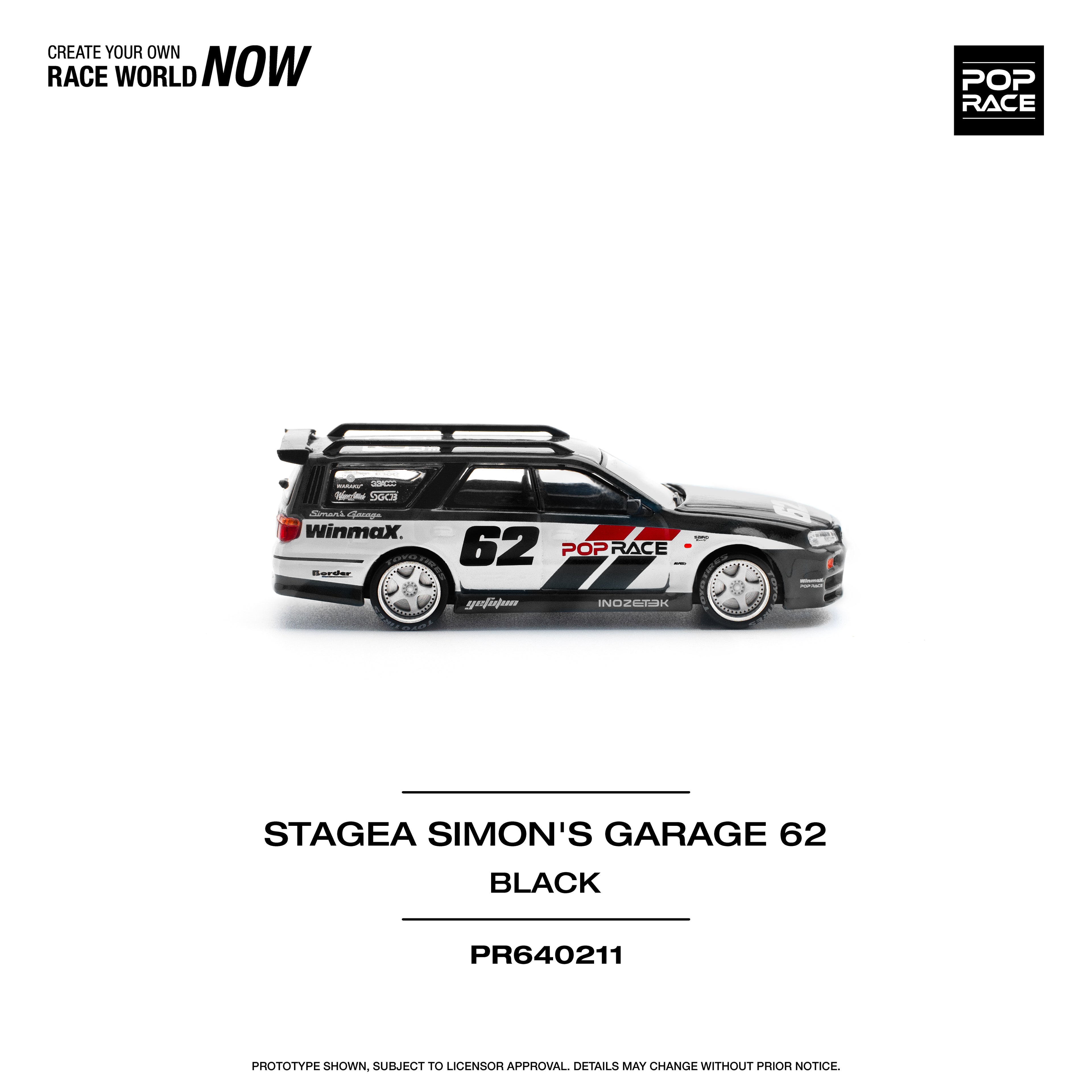 Pop Race 1/64 Nissan Stagea Simon's Garage #62 Black PR640211 Diecast Scale Model