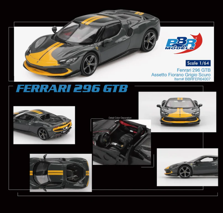 BBR Models 1/64 Ferrari 296 GTB Assetto Fiorano Grigio Scuro BBRFER64007 Diecast Scale Model
