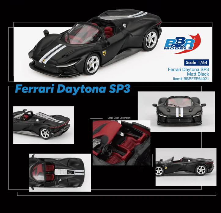BBR Models 1/64 Ferrari Daytona SP3 Matt Black BBRFER64021 Diecast Scale Model