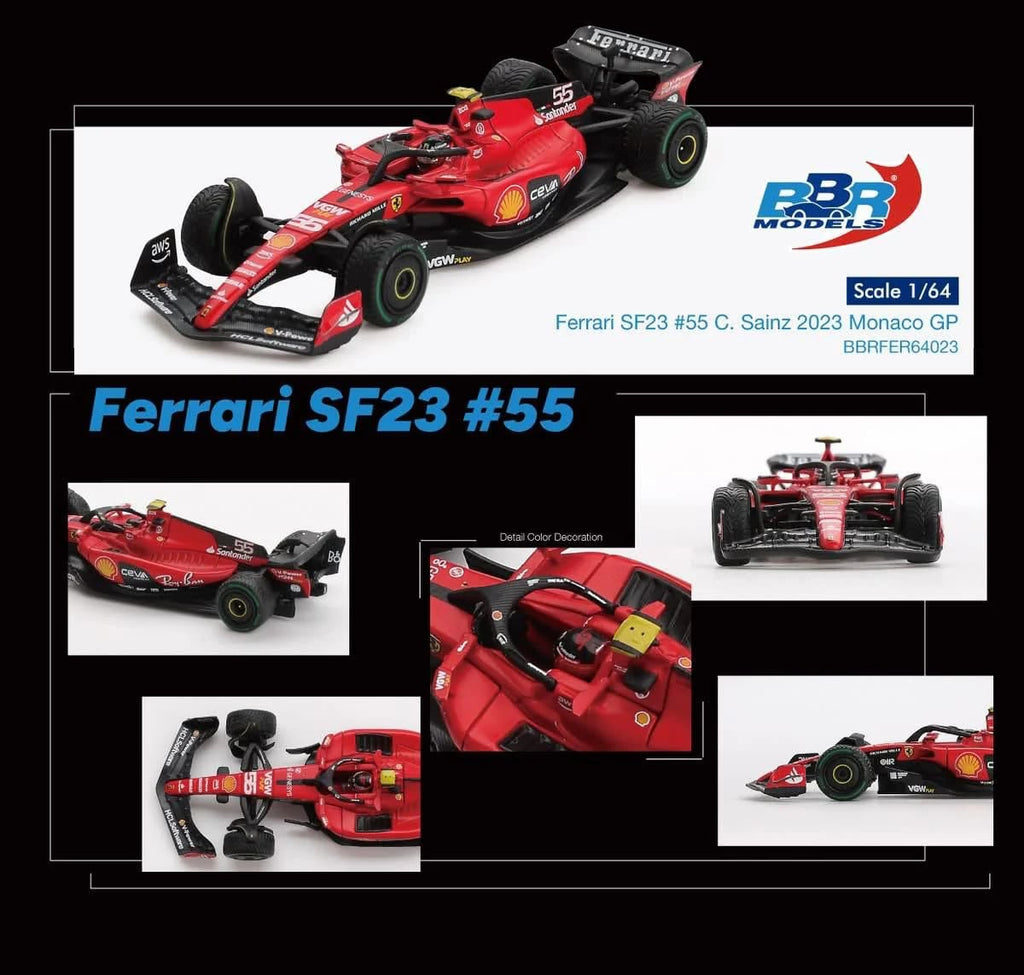 BBR Models 1/64 Ferrari SF23 55 C. Sainz 2023 Monaco GP BBRFER64023 Diecast Scale Model Car