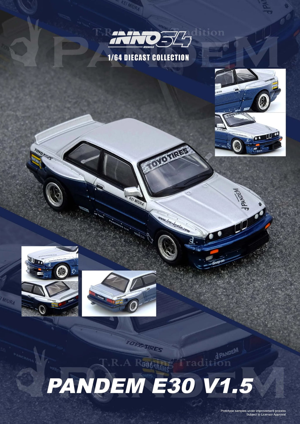 Inno64 1/64 BMW PANDEM E30 M3 Silver/Blue IN64-E30P-SILBLU Diecast Scale Model