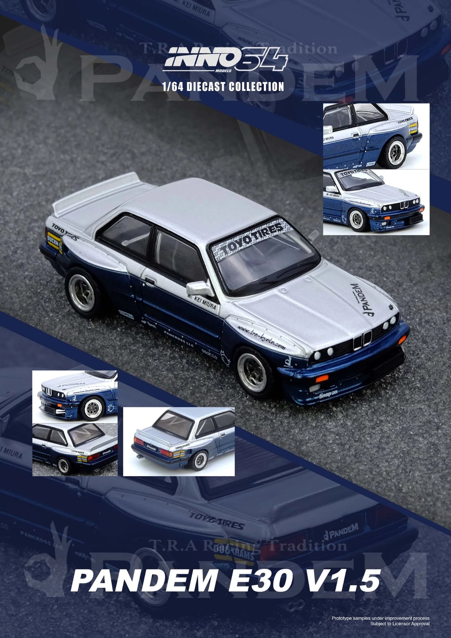 Inno64 1/64 BMW PANDEM E30 M3 Silver/Blue IN64-E30P-SILBLU Diecast Scale Model