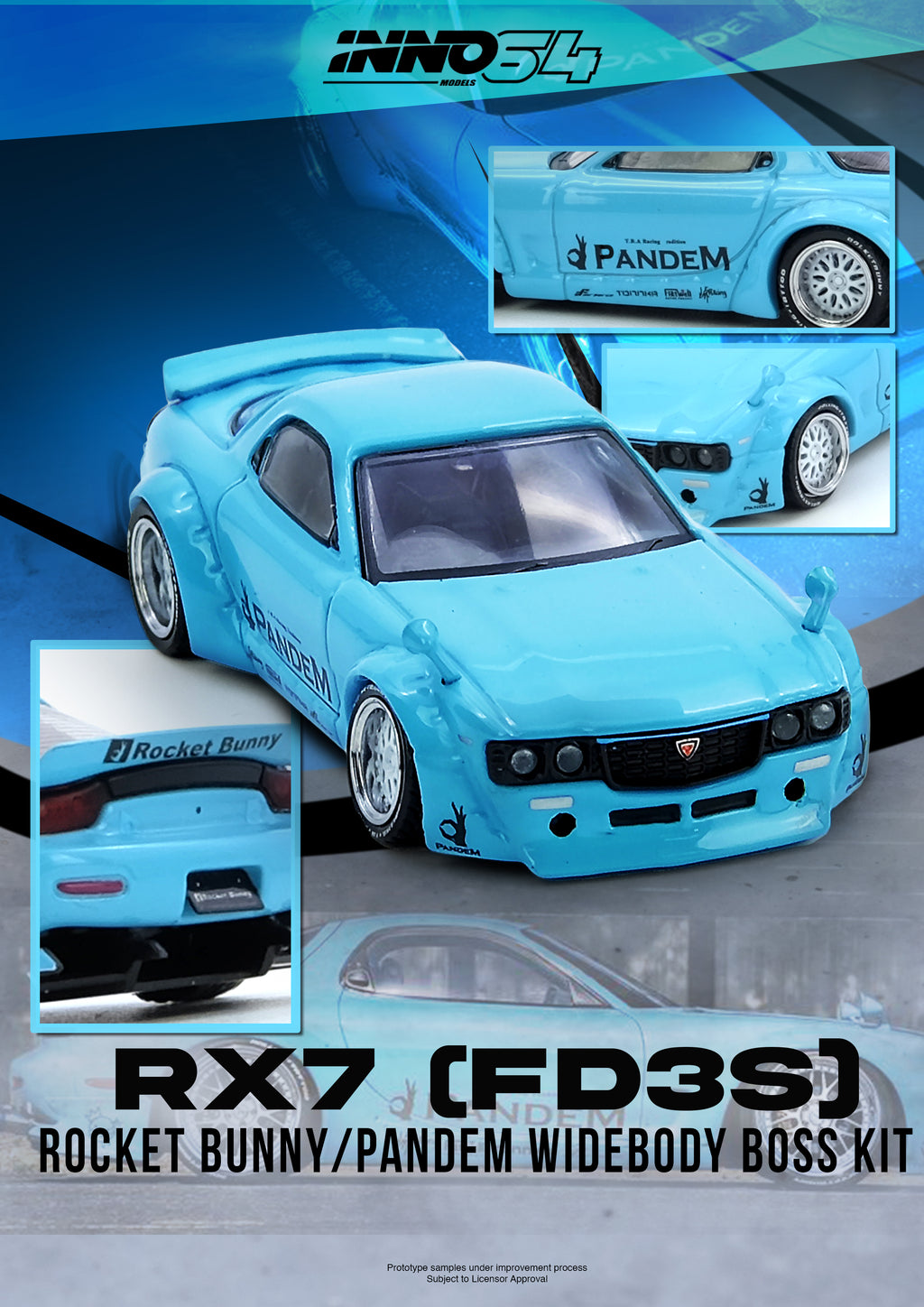 Inno64 1/64 PANDEM ROCKET BUNNY RX7 (FD3S) Tiffany Blue IN64-RX7FDP-TIFBLU Diecast Scale Model