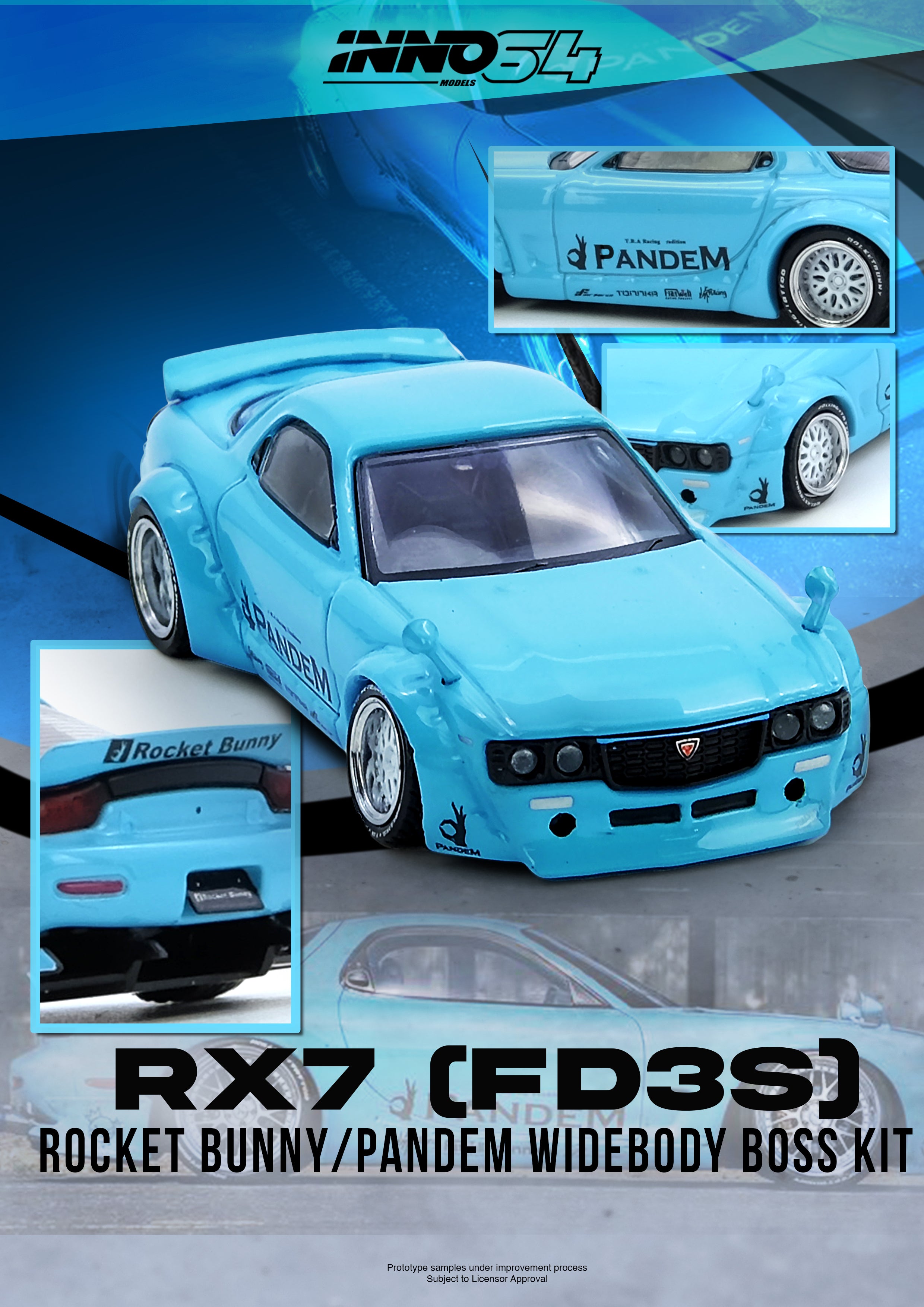 Inno64 1/64 PANDEM ROCKET BUNNY RX7 (FD3S) Tiffany Blue IN64-RX7FDP-TIFBLU Diecast Scale Model
