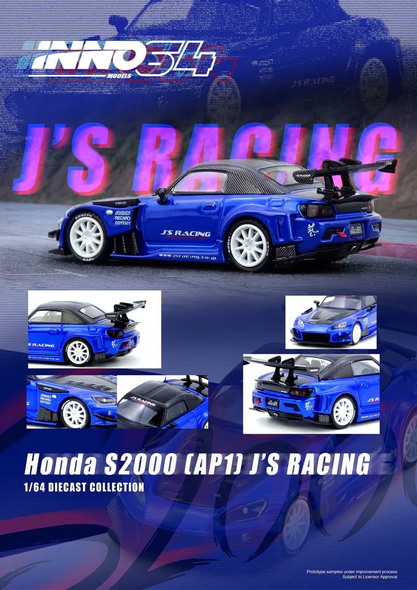 Inno64 1/64 Honda S2000 J'S RACING Blue IN64-S2000JS-BLUE Diecast Scale Model