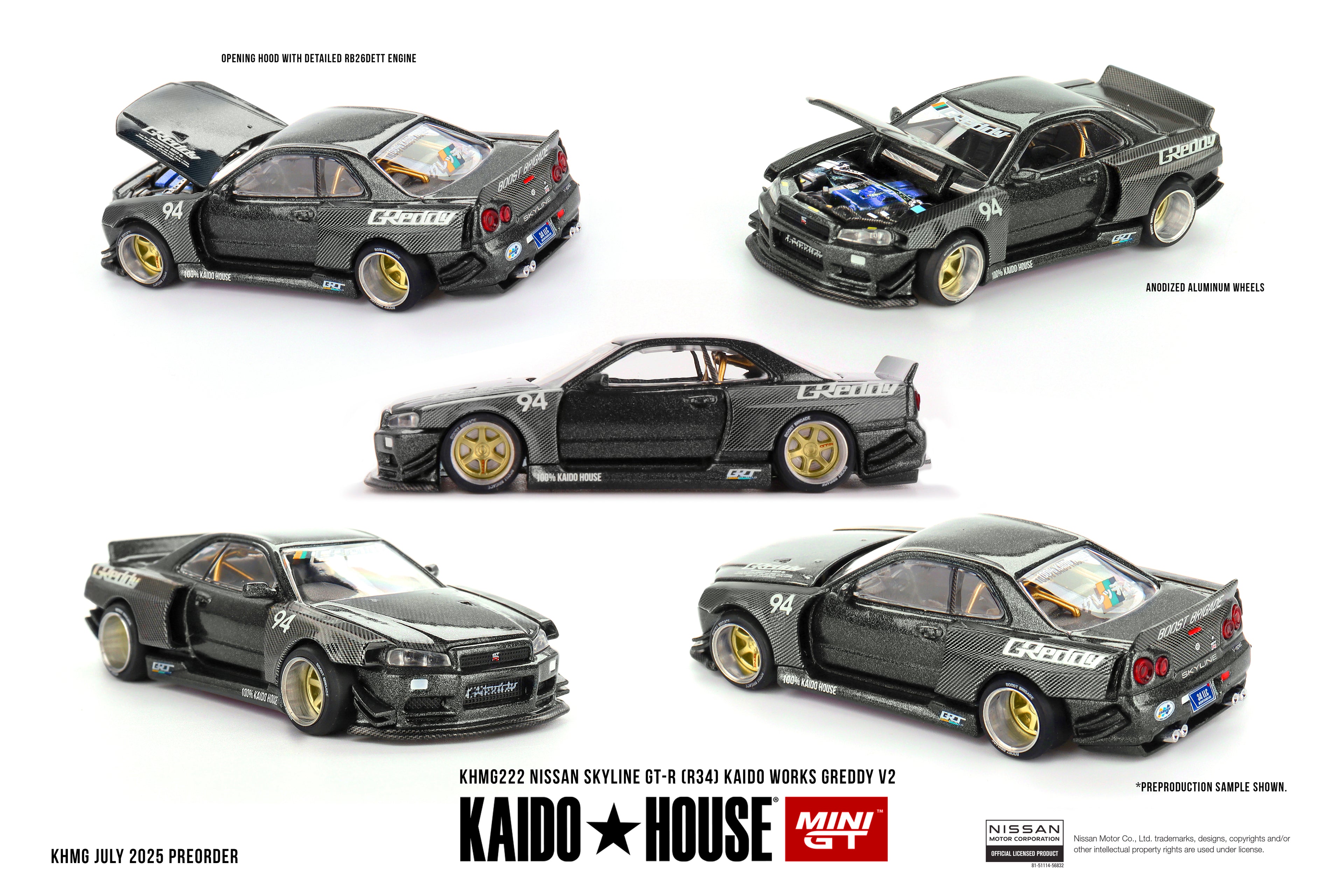 Mini GT 1/64 Nissan Skyline GT-R (R34) Kaido Works GReddy V2 KHMG222 Diecast Scale Model