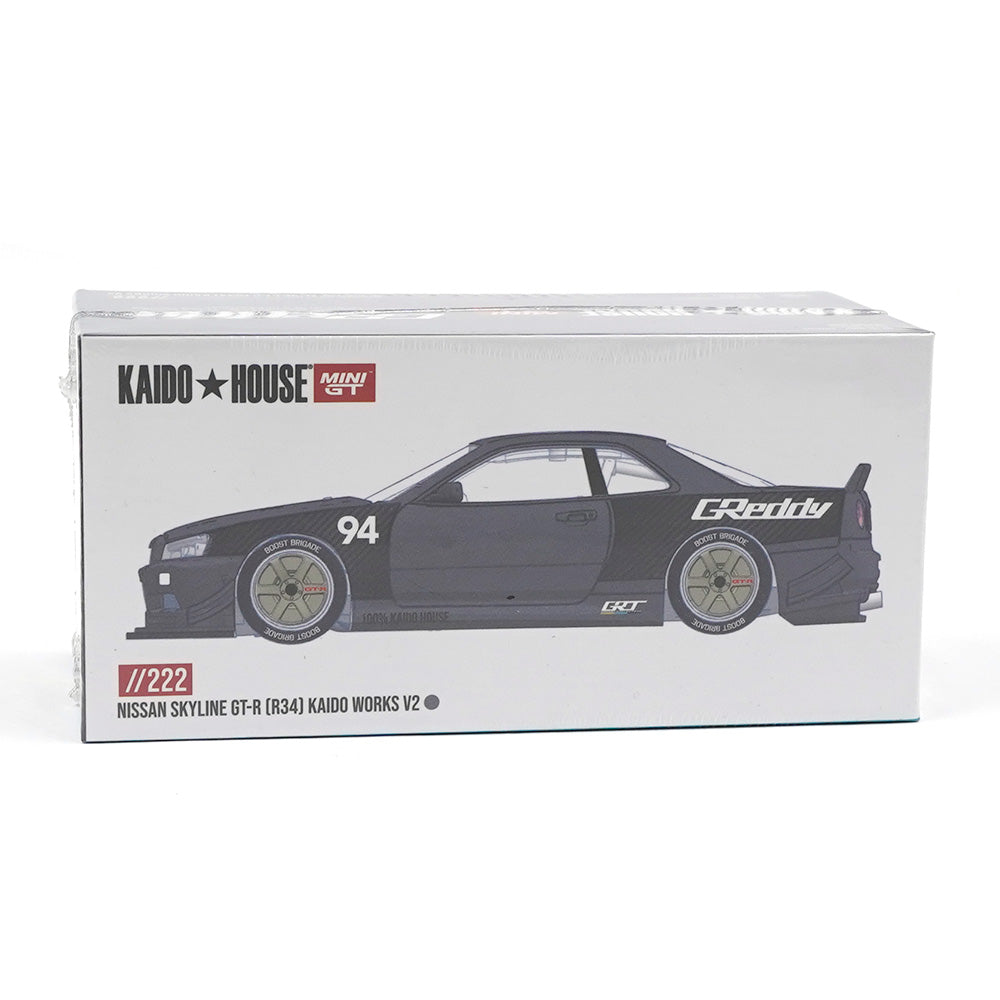 Mini GT 1/64 Nissan Skyline GT-R (R34) Kaido Works GReddy V2 KHMG222 Diecast Scale Model