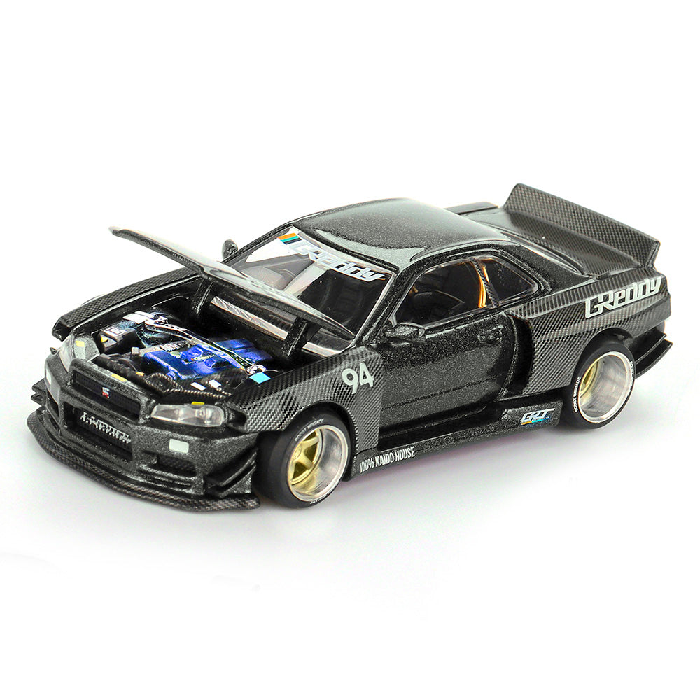 Mini GT 1/64 Nissan Skyline GT-R (R34) Kaido Works GReddy V2 KHMG222 Diecast Scale Model