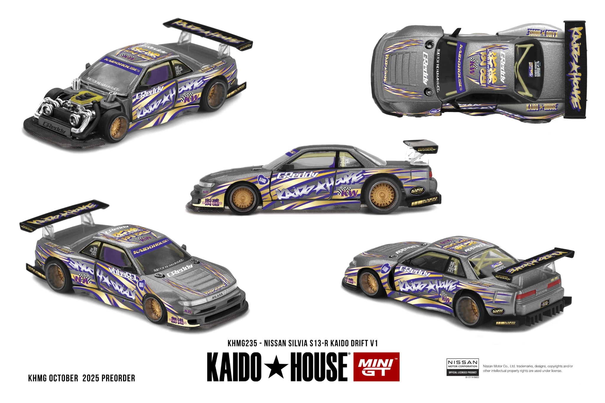Kaido House x Mini GT 1/64 Nissan Silvia S13-R KAIDO DRIFT V1 KHMG235 Diecast Scale Model Car
