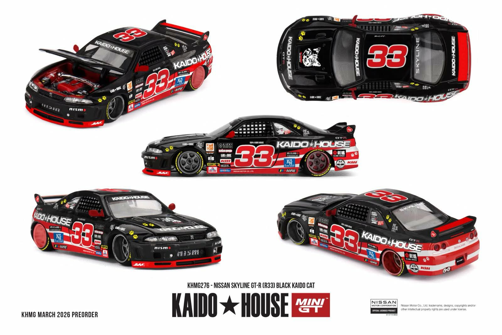[PRE ORDER] Kaido House x Mini GT 1/64 Nissan Skyline GT-R (R33) Black Kaido Cat KHMG276 Diecast Scale Model