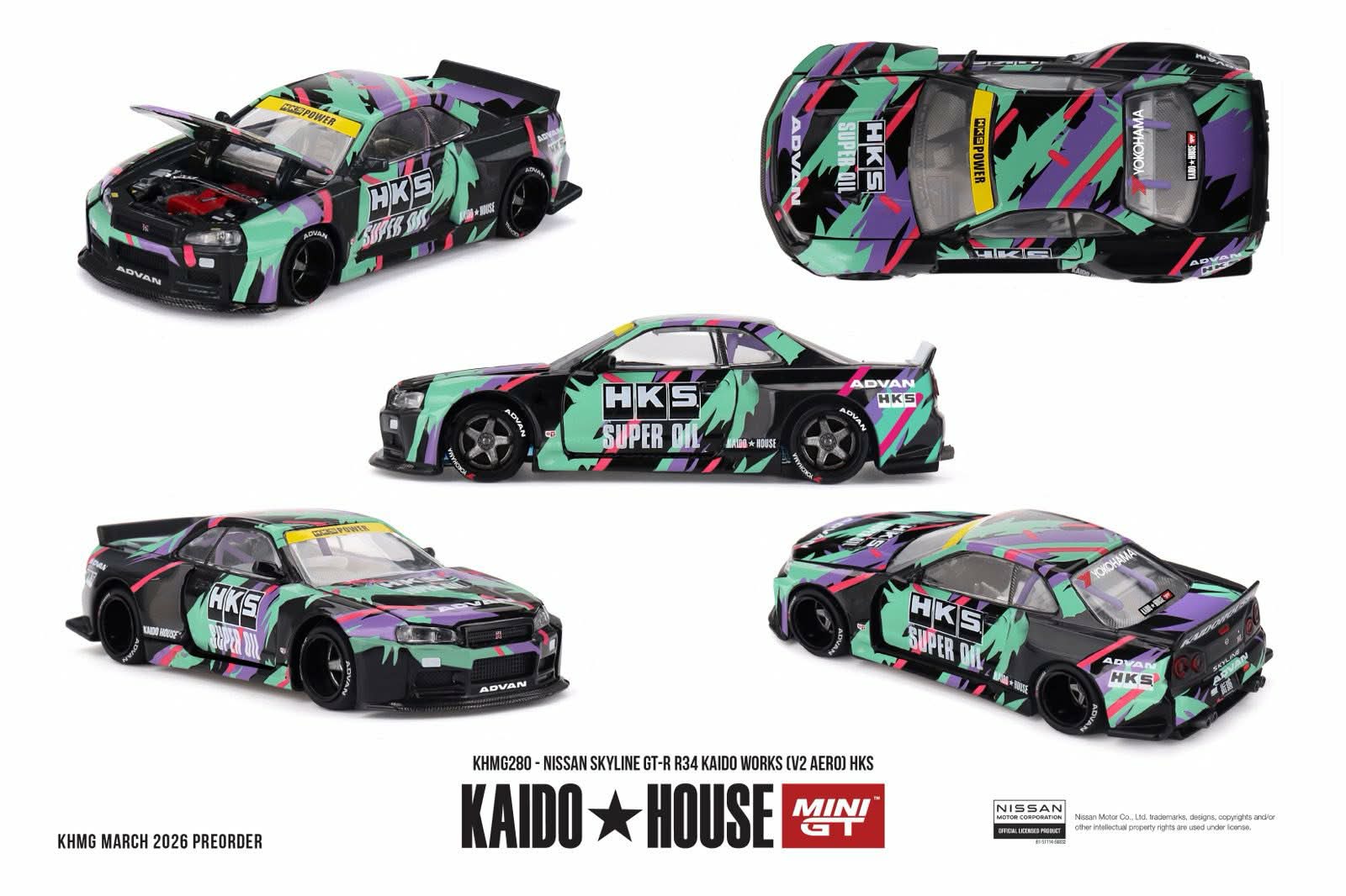 [PRE ORDER] Kaido House x Mini GT 1/64 Nissan Skyline GT-R R34 Kaido Works (V2 Aero) HKS KHMG280 Diecast Scale Model
