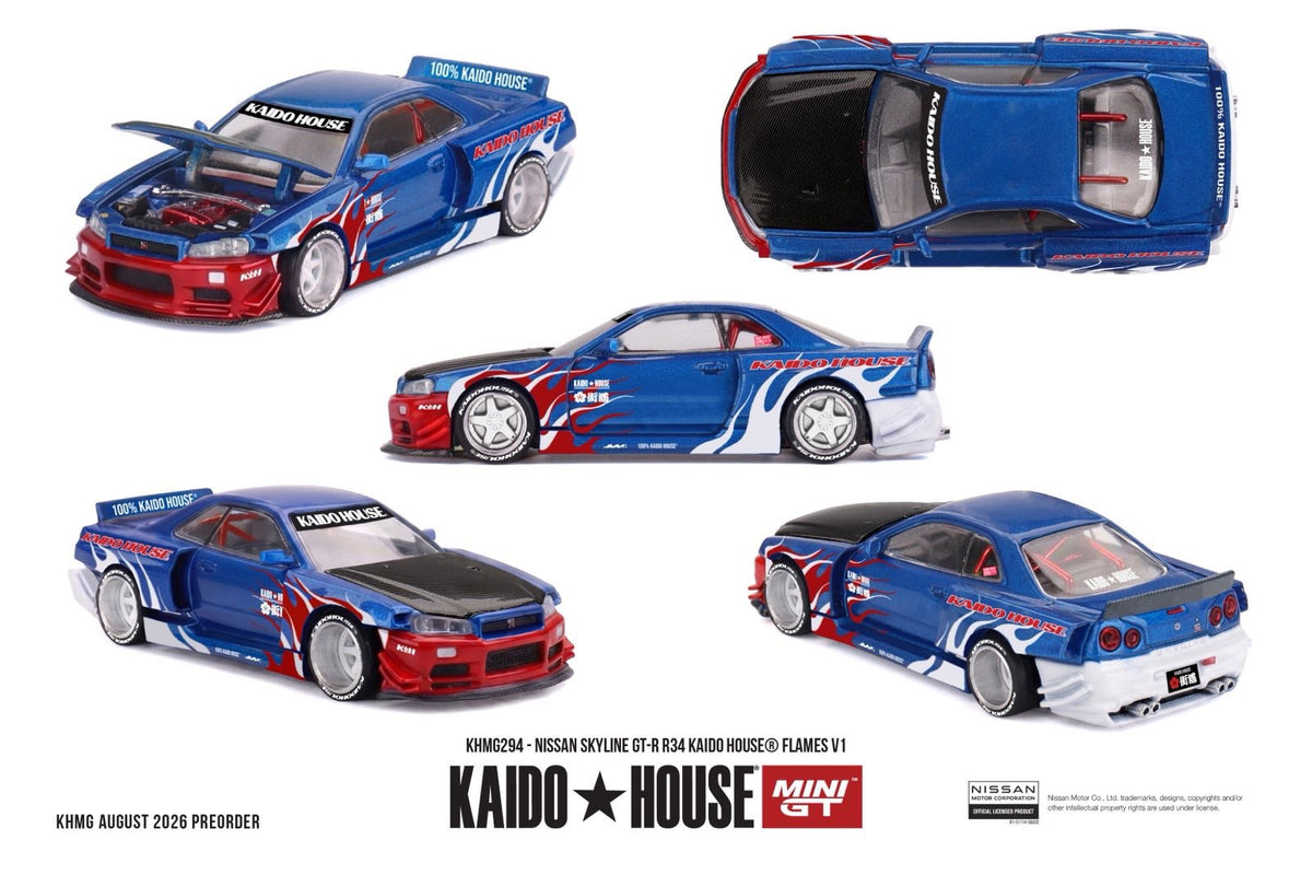 [PRE ORDER] Kaido House x Mini GT 1/64 Nissan Skyline GT-R R34 Kaido House Flames V1 KHMG294 Diecast Scale Model