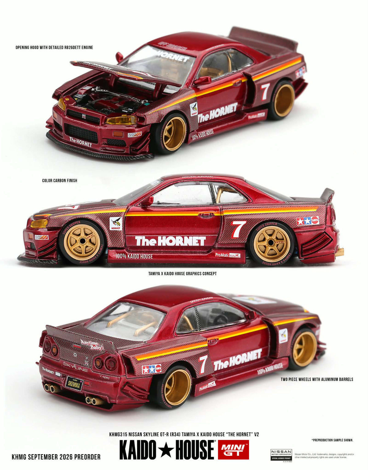 [PRE ORDER] Kaido House x Mini GT 1/64 Nissan Skyline GT-R (R34) TAMIYA x KAIDO HOUSE "The Hornet" V2 KHMG315 Diecast Scale Model