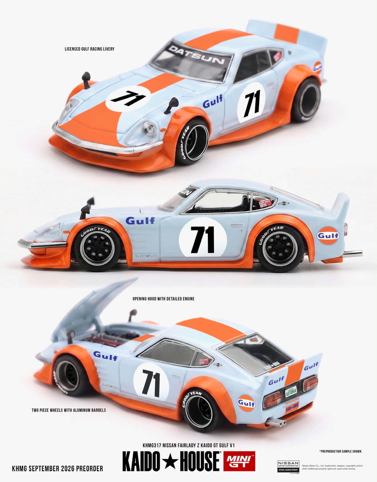 [PRE ORDER] Kaido House x Mini GT 1/64 Nissan Fairlady Z Kaido GT GULF V1 KHMG317 Diecast Scale Model