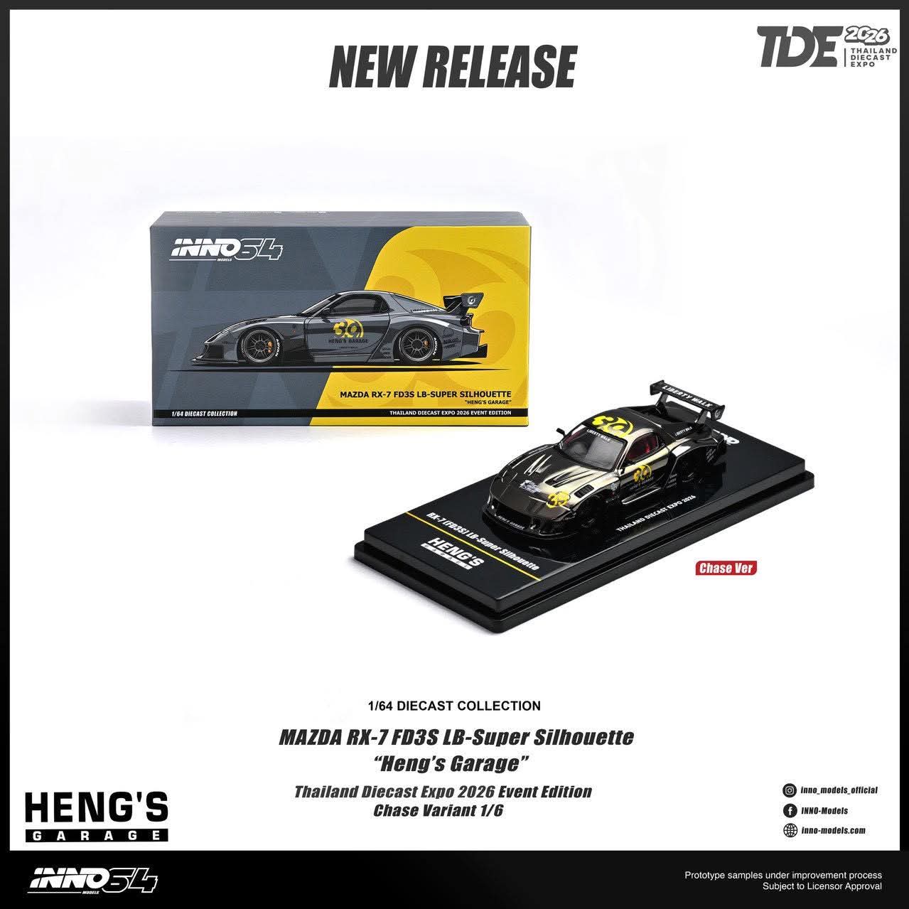 Inno64 1/64 Mazda RX7 FD3S LB-Super Silhouette Hengs Garage (Chance of Chase) IN64-RX7-TDE26 Diecast Scale Model