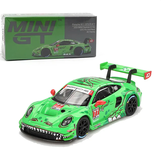 MiniGT 1/64  "Porsche 911 GT3 R #77 AO Racing  2024 IMSA Daytona 24 Hrs GTD Pro 2nd  Place"  MGT00889-L Diecast Scale Model