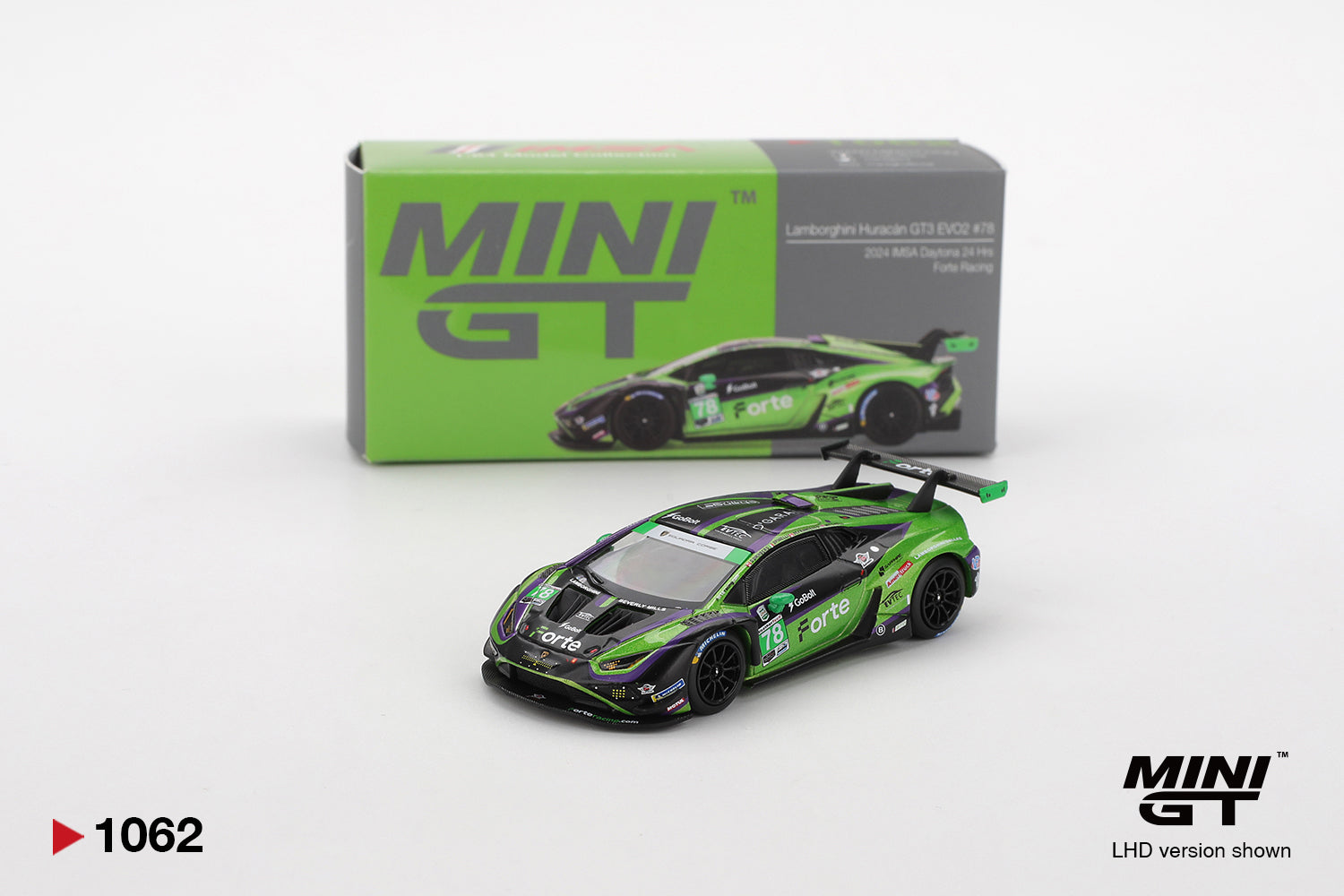 Mini GT 1/64 Lamborghini Huracán GT3 EVO2 #78 Forte Racing 2024 IMSA Daytona 24 Hrs MGT01062-L Diecast Scale Model