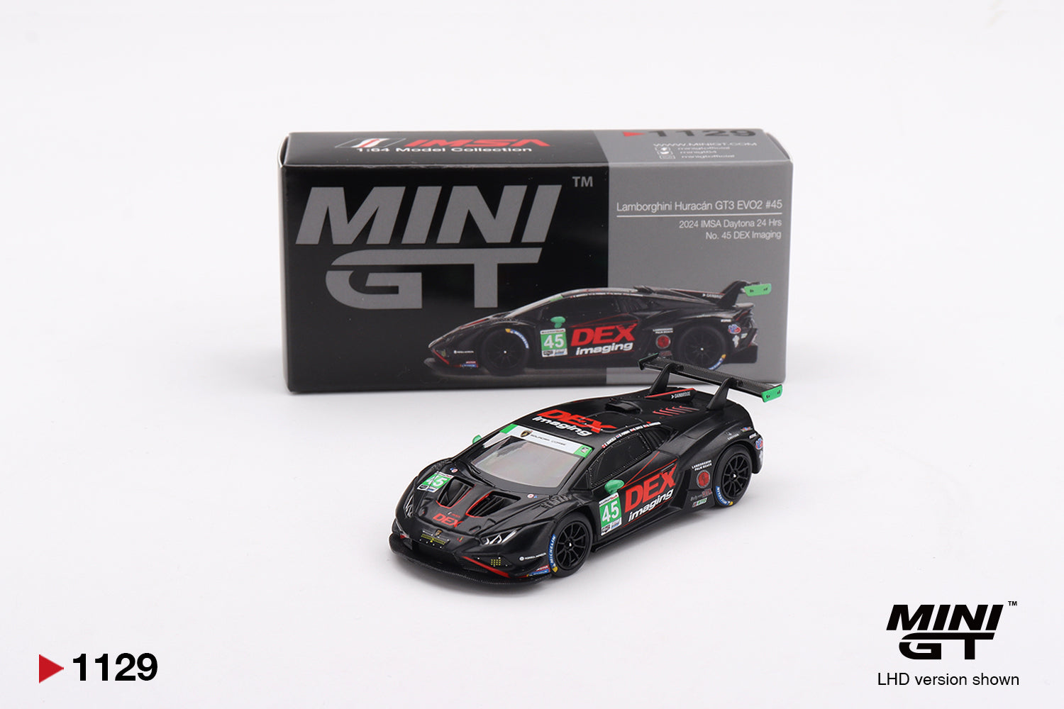 Mini GT 1/64 Lamborghini Huracán GT3 EVO2 #45 No. 45 DEX Imaging  2024 IMSA Daytona 24 Hrs MGT01129-L