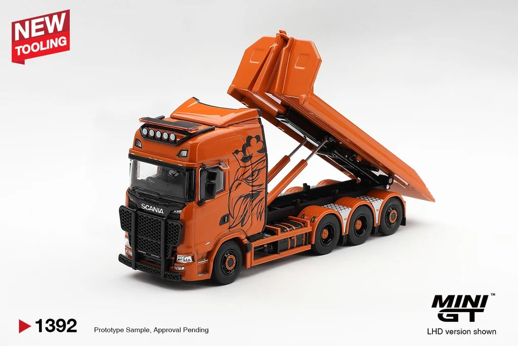 [PRE ORDER] Mini GT 1/64 Scania 770S B8x4NA Hooklift Flatbed Orange MGT01392-L Diecast Scale Model