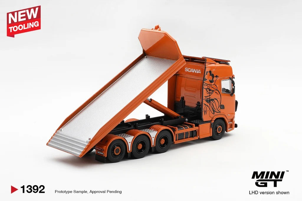 [PRE ORDER] Mini GT 1/64 Scania 770S B8x4NA Hooklift Flatbed Orange MGT01392-L Diecast Scale Model