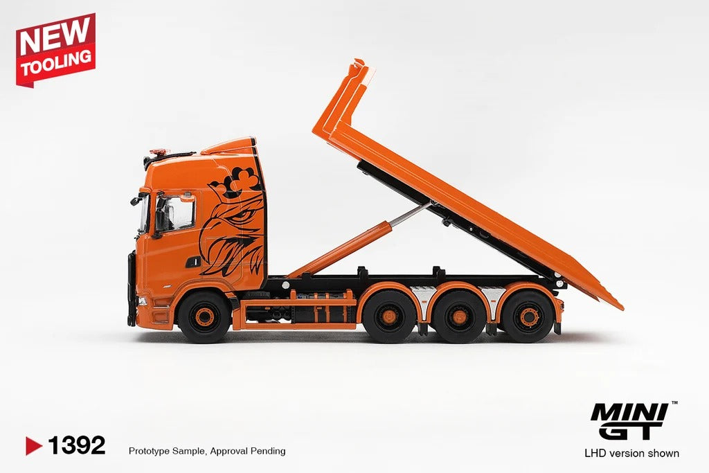 [PRE ORDER] Mini GT 1/64 Scania 770S B8x4NA Hooklift Flatbed Orange MGT01392-L Diecast Scale Model