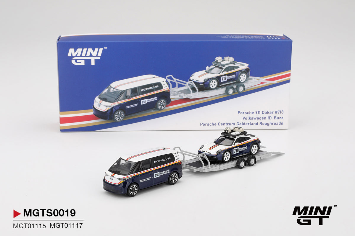 Mini GT 1/64 Porsche 911 Dakar #718 / Volkswagen ID. Buzz Porsche Centrum Gelderland Roughroads Set MGTS0019 Diecast Scale Model