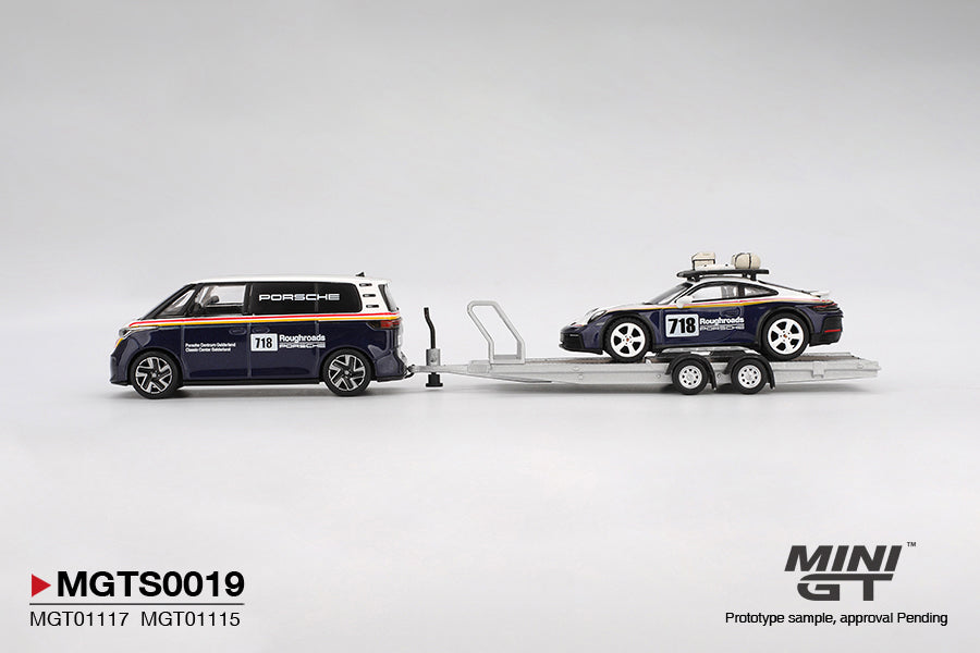 Mini GT 1/64 Porsche 911 Dakar #718 / Volkswagen ID. Buzz Porsche Centrum Gelderland Roughroads Set MGTS0019 Diecast Scale Model
