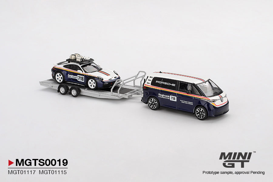 Mini GT 1/64 Porsche 911 Dakar #718 / Volkswagen ID. Buzz Porsche Centrum Gelderland Roughroads Set MGTS0019 Diecast Scale Model