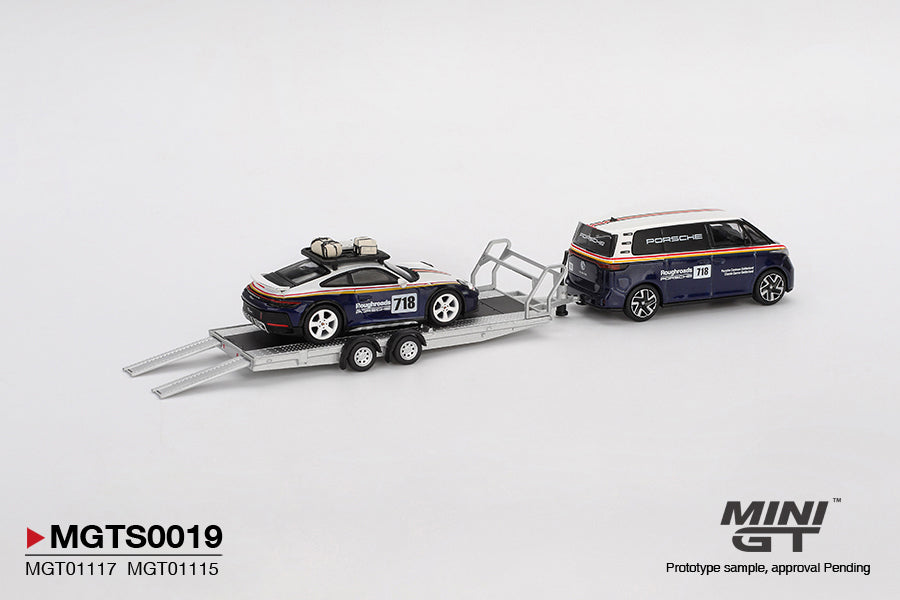 Mini GT 1/64 Porsche 911 Dakar #718 / Volkswagen ID. Buzz Porsche Centrum Gelderland Roughroads Set MGTS0019 Diecast Scale Model