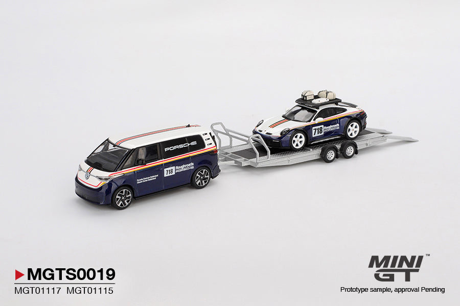 Mini GT 1/64 Porsche 911 Dakar #718 / Volkswagen ID. Buzz Porsche Centrum Gelderland Roughroads Set MGTS0019 Diecast Scale Model
