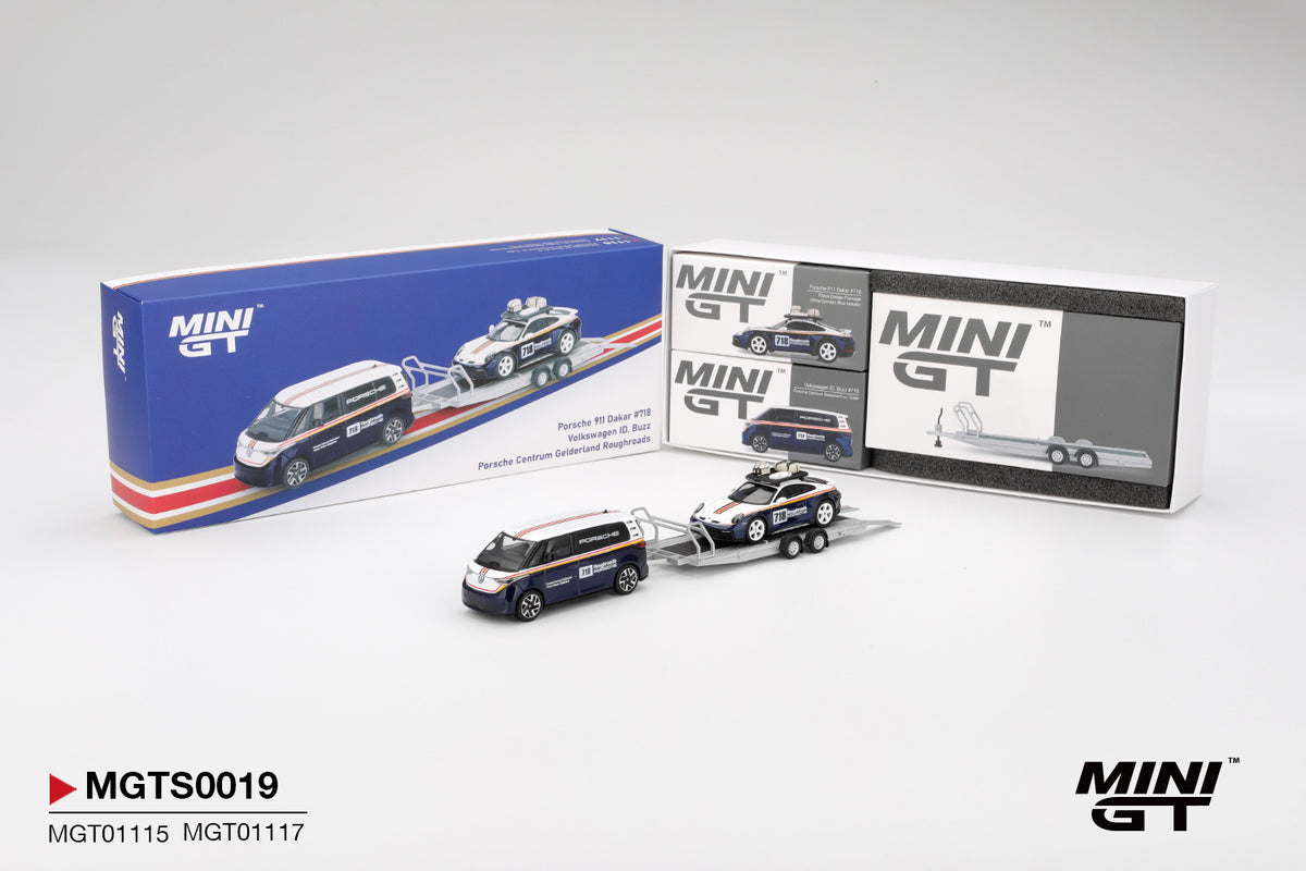 Mini GT 1/64 Porsche 911 Dakar #718 / Volkswagen ID. Buzz Porsche Centrum Gelderland Roughroads Set MGTS0019 Diecast Scale Model